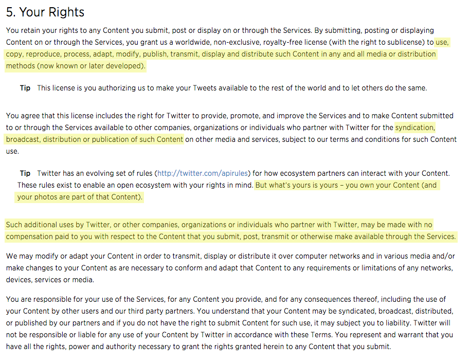 Twitter Terms of Service highlighted